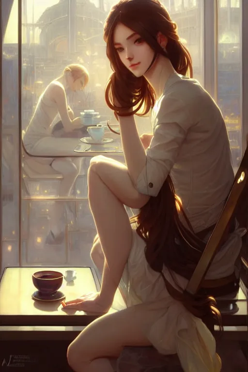 Prompt: an attractive serene cute android in a cafe, partially human , partially biomedical design , natural atmosphere, great high details, highly reaslitic, cinematic lighting, intricate, elegant, super highly detailed, art station, concept arD, beautiful, delicate, art by artgerm and greg rutkowski and alphonse mucha and loish and WLOP