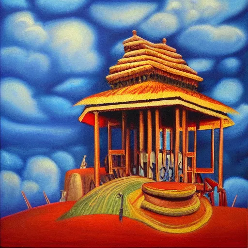 Prompt: detailed photo of an album cover, oil painting. tribal architecture oil painting album cover