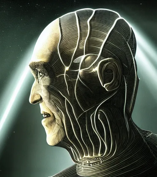 Image similar to profile picture of locutus of borg, surrounded by beams of light dark background by wayne barlow, stanley donwood, anton semenov, zdzislaw bekinski, hr giger, 8 k, fantasy, dark, highly detailed