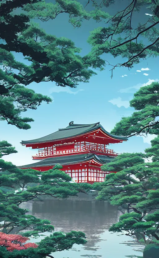 Image similar to japanese inspired poster, beautiful japanese architecture and nature, japanese beautiful aesthetic, photorealistic, lake, light rays theough the trees, 8 k image, studio ghibli anime style