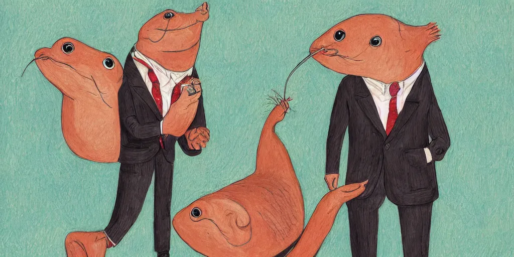 Image similar to anthropomorphic catfish wearing a suit, thumbs upping, by lisa hanawalt, by wanda gag