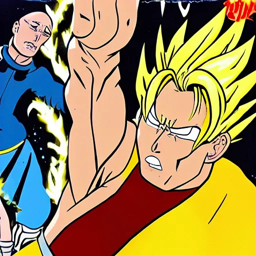 Prompt: johnny sins going super sayan in a fight against saul goodman, illustrated by alex toth