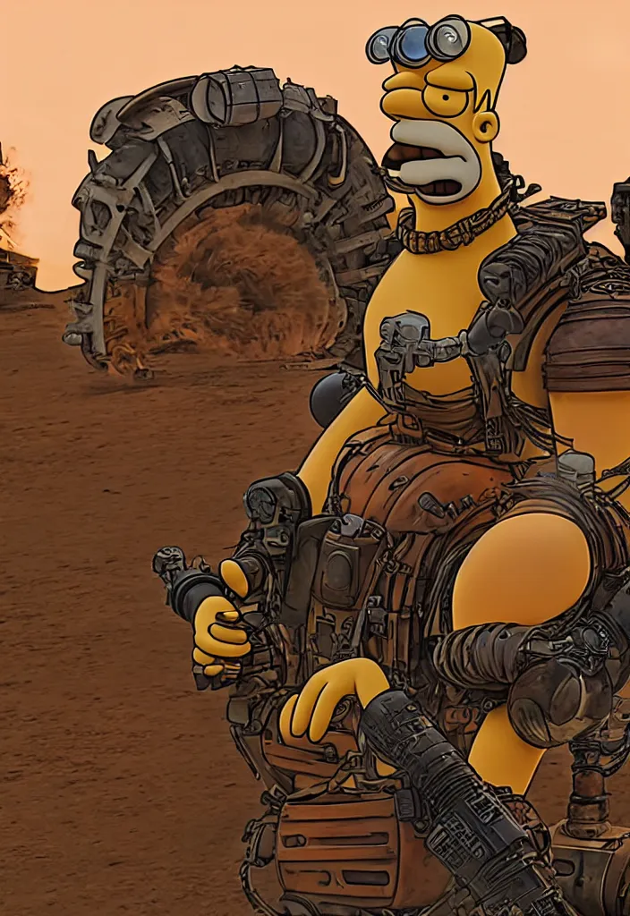 Image similar to Homer Simpson in Fury Road Road Warrior movie, borderlands 4k render