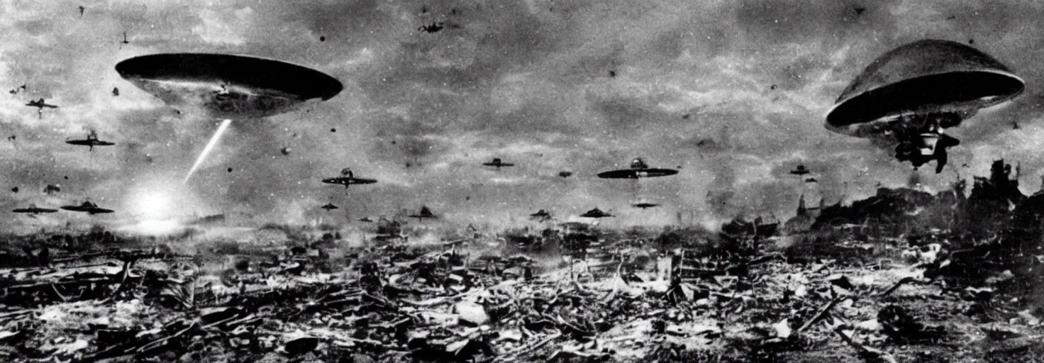 Image similar to Invasion of an alien life form in Germany, black and white photography, World War II, destruction, ufo, flying saucers, laser weapons, outerspace, technology