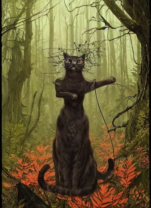 Image similar to a hyper realistic cat witch in the woods gorgeous lighting, k _ lms lush forest foliage painting by chiara bautista and beksinski and norman rockwell and greg rutkowski weta studio, and lucasfilm