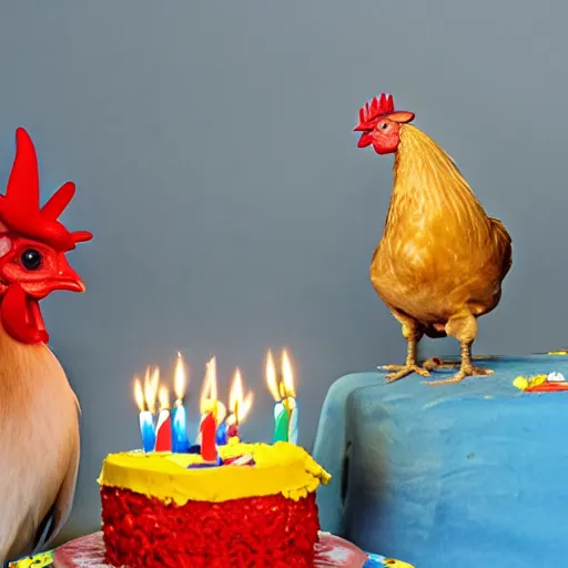 Prompt: a hatchling chick and a rooster together next to a birthday cake having 3 candles