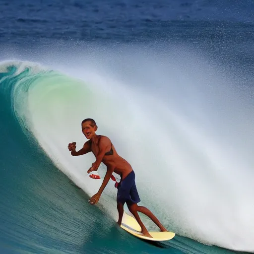 Image similar to barack obama surfing a giant wave with a margarita in his hand