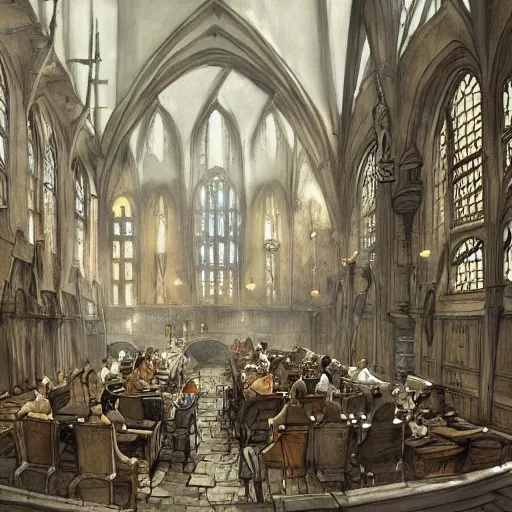 Prompt: howarts great hall, a detailed matte painting by anton pieck, deviantart contest winner, fantasy art, concept art, official art, matte drawing