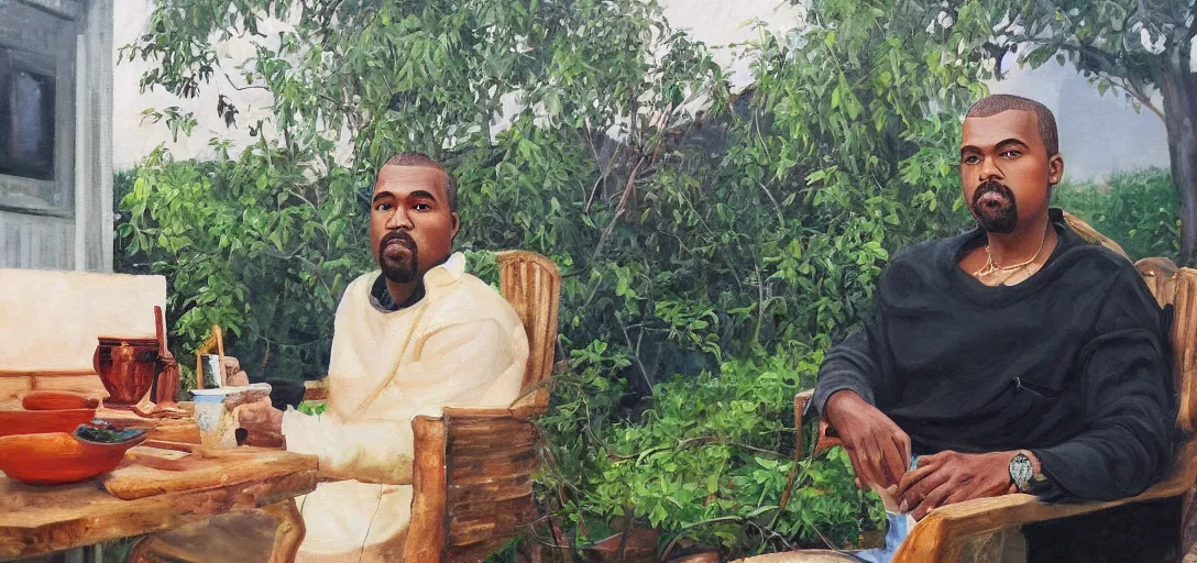 Image similar to kayne sipping tea, garden in the background, aged oil painting by le pho