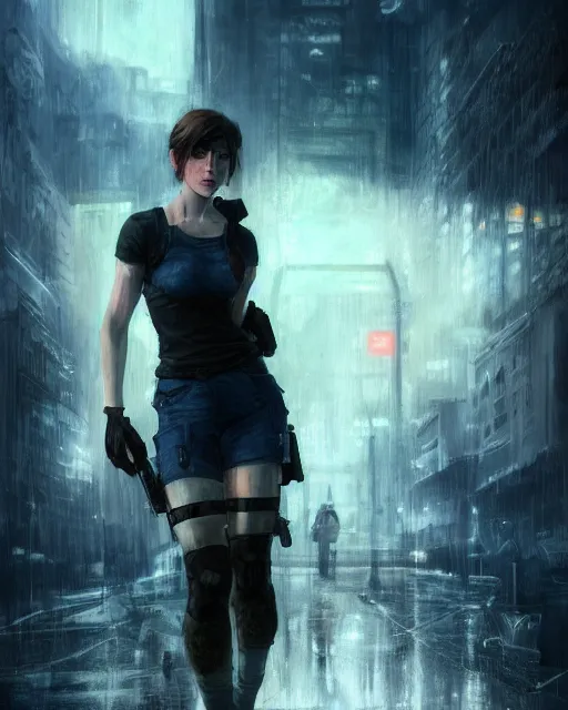Image similar to beautiful charismatic, rugged jill valentine, face centered portrait, confident, ruined cityscape, fog, rain, volumetric lighting, soft light particles floating near her, illustration, perfectly shaded, soft painting, art by krenz cushart and wenjun lin