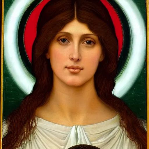 Prompt: a Pre-Raphaelite painting of Kim Kardashian as the Virgin Mary, Catholic icon, halo