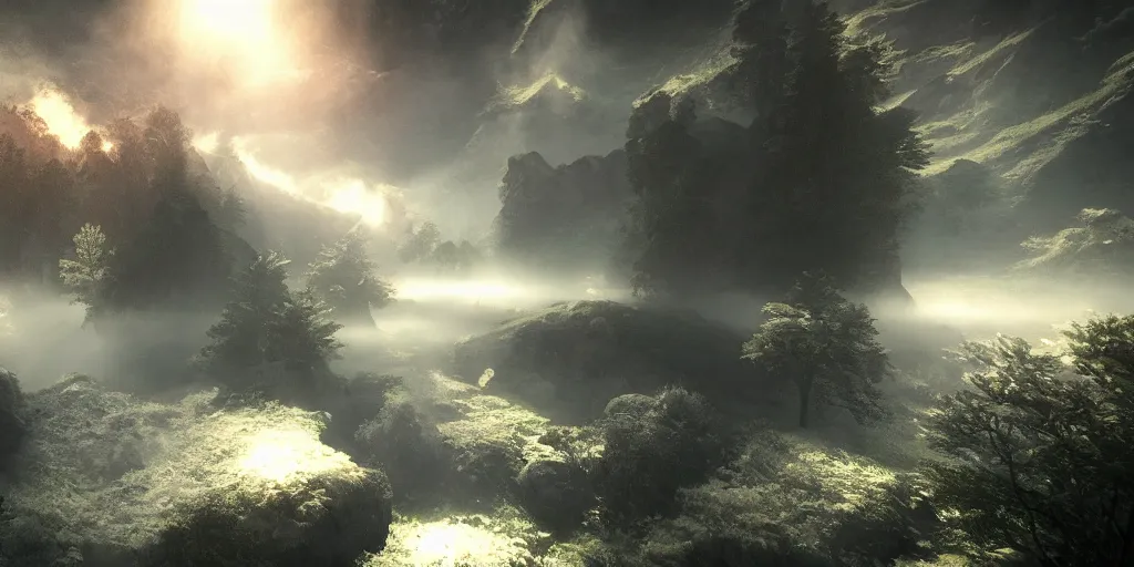 Image similar to wallpaper, landscape, volumetric lighting, epic, mystical