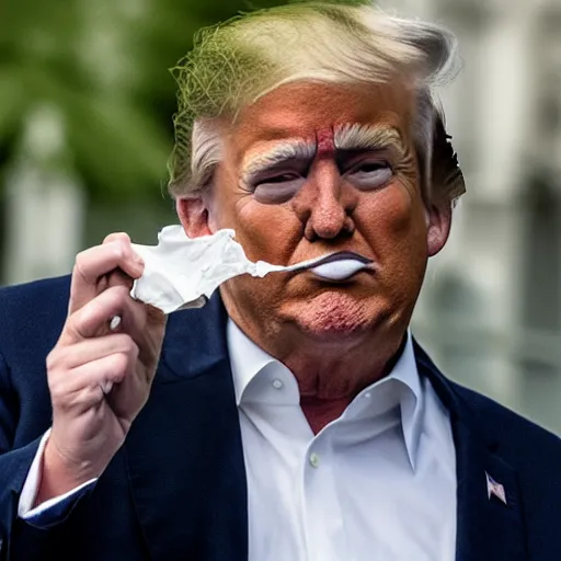 Image similar to candid portrait photo of president trump shoving a crumpled up wad of paper into his mouth