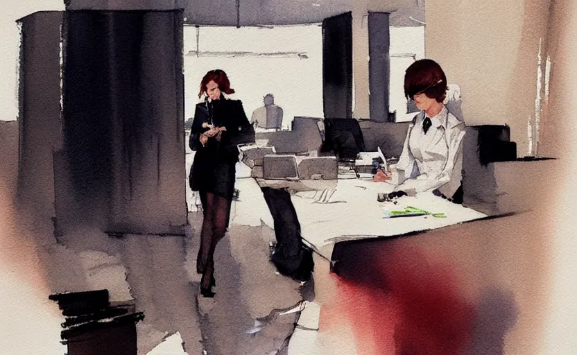 Prompt: concept art of a modern office life, business woman, pinterest, artstation trending, behance, watercolor, by coby whitmore *, silver, laser light *,