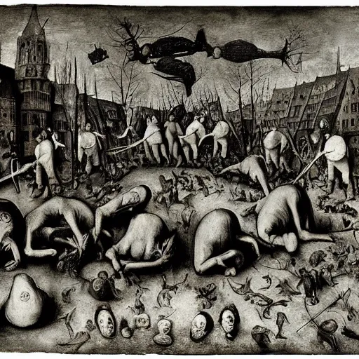 Prompt: a crowd of plague doctors in the style of pieter bruegel the elder, jan saudek, joel peter witkin, gustave dore, heironymus bosch