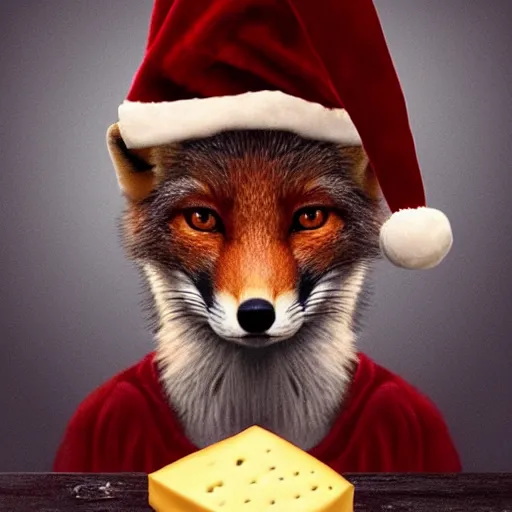 Prompt: perfectly-centered-Portrait-full-shot of a fox, wearing a santa hat, sitting next to a pile of cheese, intricate, elegant, super highly detailed, professional digital painting, artstation, concept art, smooth, sharp focus, no blur, no dof, extreme illustration, Unreal Engine 5, 8K, art by artgerm and greg rutkowski and alphonse mucha and loish and WLO