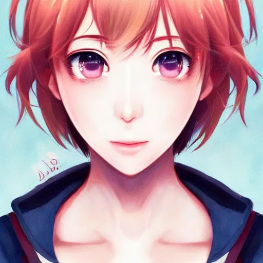 Image similar to portrait of Sayori from Doki Doki Literature Club, detailed facial features, optimistic colors, bright eyes, clear eyes, warm smile, delicate, by artgerm and WLOP