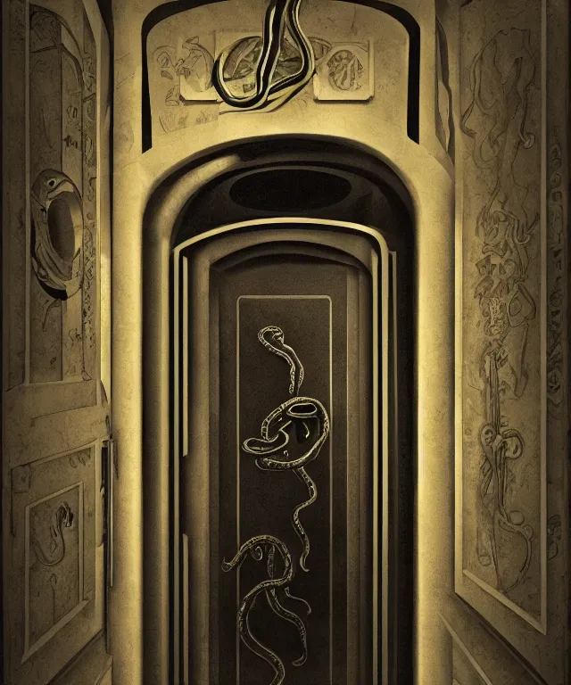 Image similar to horrifying photorealistic image of a 1 9 2 5 hotel elevator lobby, elevator doors look like a mouth, with a tentacle - shaped tongue, licking out, dark, atmospheric, brooding, smooth, finely detailed, cinematic, epic, lovecraft, in the style of lee gibbons