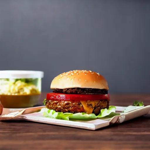 Image similar to hamburger with sauce running down bun, hyper realistic, award winning food photography