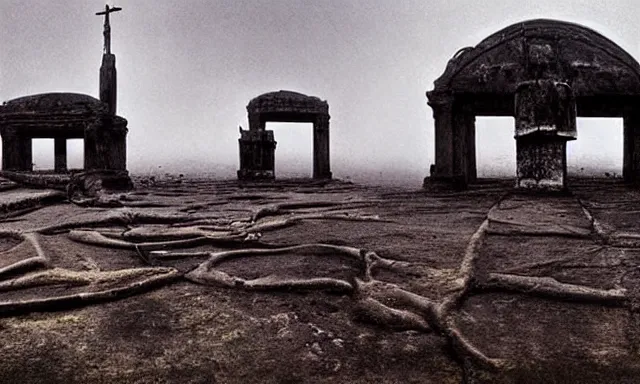 Prompt: a outside temple full of dark evil idol, deep rich decaying bleeding colors!, landscape photograph taken by giger and beksinski and chaos and midnight sun and death fog