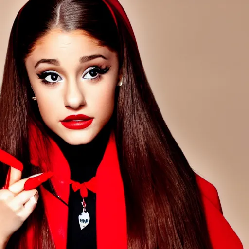 Image similar to ariana grande as an vampire with a red coat and pointy ears 4 k