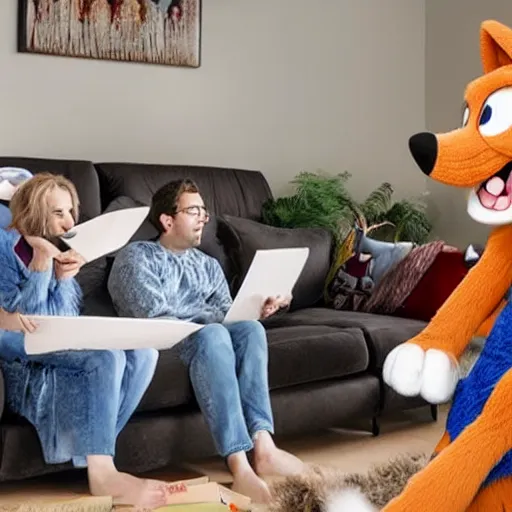 Image similar to a fursuiters in the living room having a heated debate about what show to play on Netflix