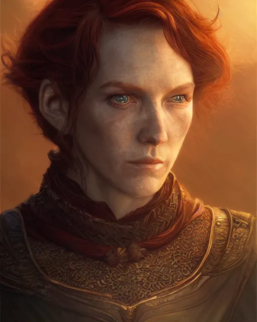 Prompt: the elder scrolls vi, charismatic rugged female redhead breton mage portrait, illustration, rim light, top light, perfectly shaded, golden hour, epic, intricate, soft painting, art by leesha hannigan, ross tran, thierry doizon, kai carpenter, ignacio fernandez rios