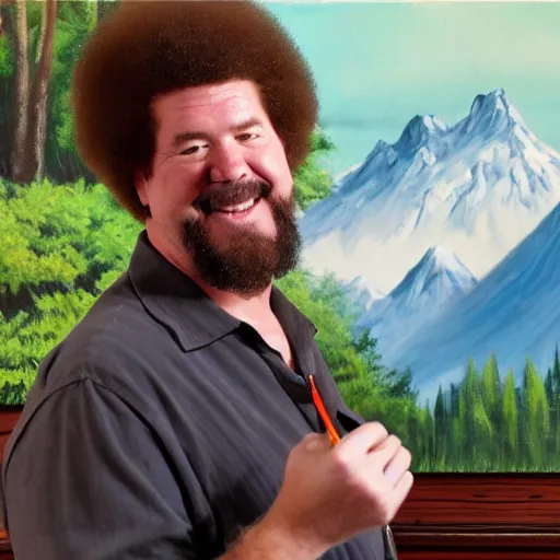 Image similar to a closeup photorealistic photograph of bob ross working on an image of kenny powers autographing a baseball on a canvas. mountains and trees. film still. brightly lit scene. this 4 k hd image is trending on artstation, featured on behance, well - rendered, extra crisp, features intricate detail, epic composition and the style of unreal engine.