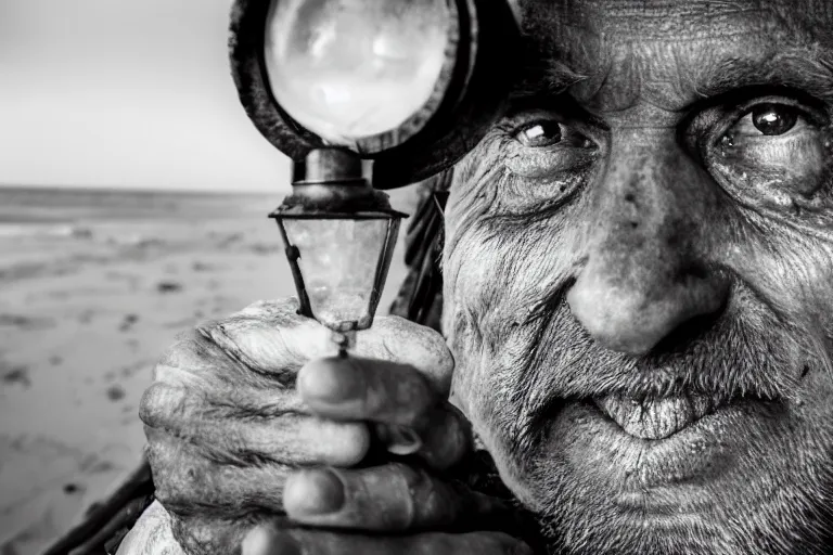 Image similar to closeup old man holding up a lantern on the beach in a pirate bay meet to a old wood shack by emmanuel lubezki