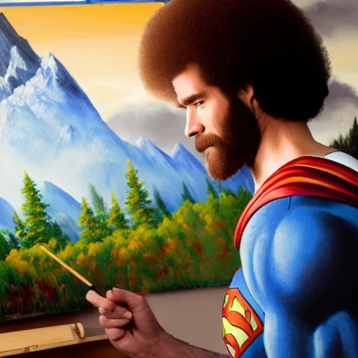 Image similar to a closeup photorealistic photograph of bob ross working on a canvas painting of superman. film still. brightly lit scene. mountains and trees. this 4 k hd image is trending on artstation, featured on behance, well - rendered, extra crisp, features intricate detail, epic composition and the style of unreal engine.