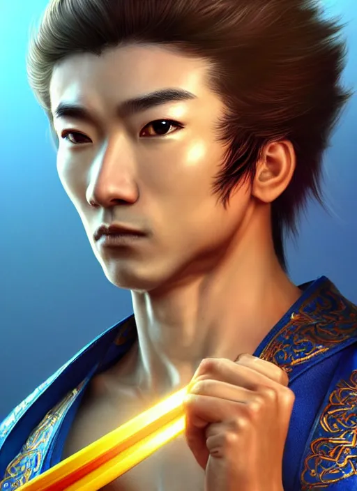 Image similar to male martial artist with a high ponytail, holding a sabre!!! asian facial features and blue eyes!! intricate ornate blue robes!! character concept art, sharp focus, octane render! unreal engine 5! highly rendered!! trending on artstation!! detailed linework!! illustration by artgerm, wlop, and chie yoshii