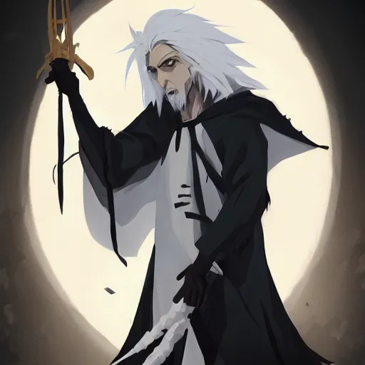 Prompt: a man with spiky white hair and yellow eyes, wearing a black cultist robe, medieval background, highly detailed, digital painting, artstation, matte, by makoto shinkai, animation style, studio ghibli, anime key visual