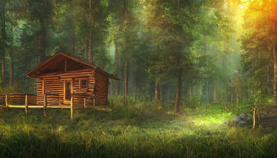 Prompt: a clearing in a forest with a cabin, digital art, highly detailed, realistic, bright colors, 8 k