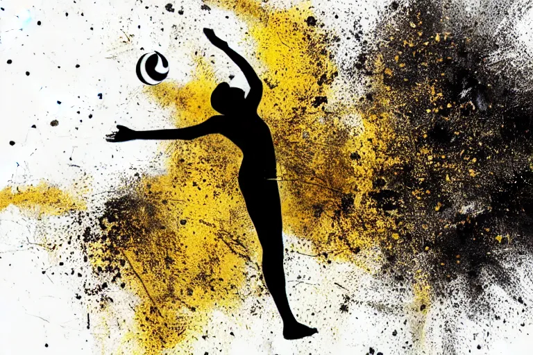 Image similar to beautiful serene volleyball player, healing through motion, life, minimalistic golden and ink airbrush painting on white background, smooth, pristine