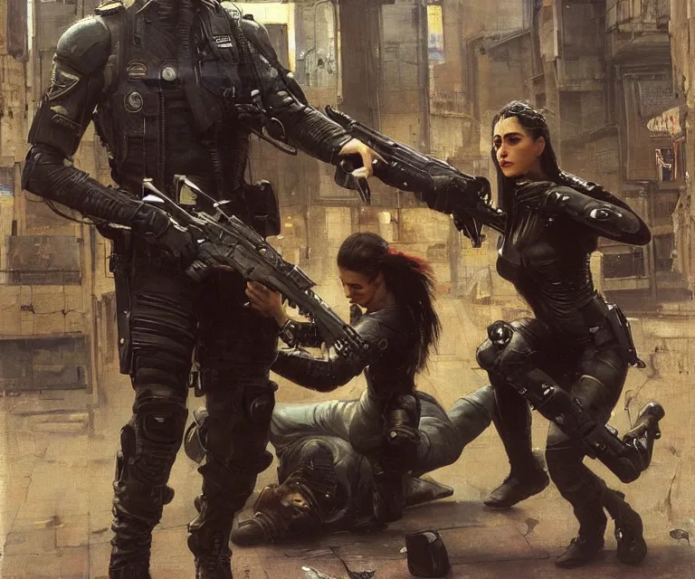 Image similar to Sonya evades sgt Nash. Cyberpunk hacker escaping Menacing Cyberpunk police trooper wearing a combat vest. (dystopian, police state, Cyberpunk 2077, bladerunner 2049). Iranian orientalist portrait by john william waterhouse and Edwin Longsden Long and Theodore Ralli and Nasreddine Dinet, oil on canvas. Cinematic, vivid colors, hyper realism, realistic proportions, dramatic lighting, high detail 4k