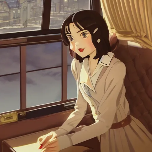 Prompt: portrait of a beautiful girl with dark hair dressed in 1940's fashion sitting in the interior of a train, looking outside the window beside her to the dieselpunk city outside of the window, rich vivid colors, ambient lighting, dynamic lighting, 4k, HQ, official media, anime key visual, makoto shinkai, ilya kuvshinov, lois van baarle, rossdraws, detailed, trending on artstation