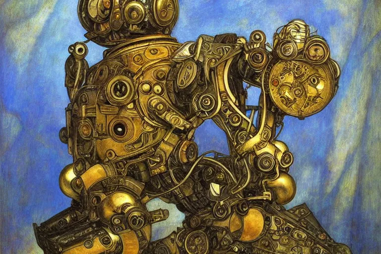 Image similar to ornate mechanical robot cat, by annie swynnerton and diego rivera and elihu vedder, symbolist, dramatic lighting, elaborate geometric ornament, art brut, soft cool colors, smooth, sharp focus, extremely detailed, adolf wolfli and ( donato giancola )