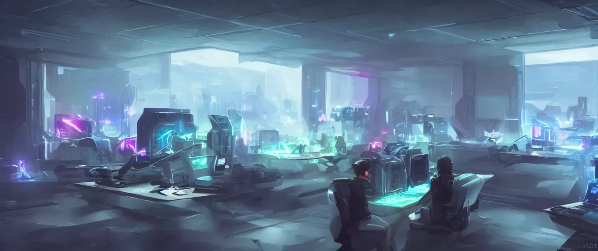 Prompt: futuristic computers in a room with holograms of screens, figure facing towards it, futuristic, concept art, matte painting, digital art, high detail, trending on art station, style of jordan grimmer