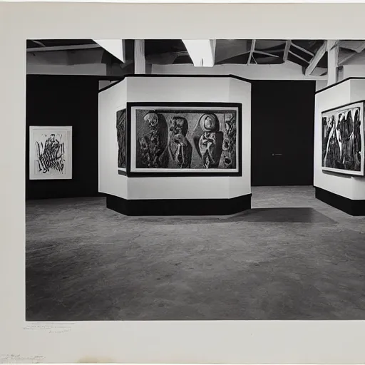 Image similar to A black and white screen print of gallery exhibition view from the 60s, anthropology, colonial, wild, exotic, artifacts, pedestal, ethnography, screen printing