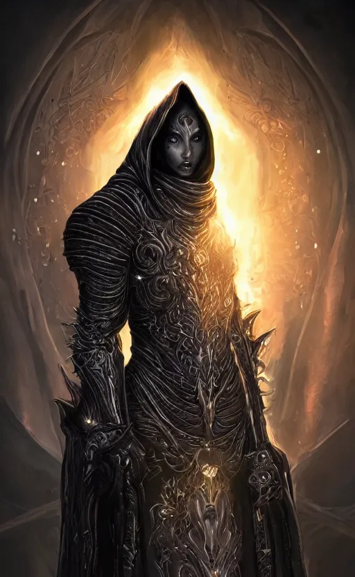 Image similar to character concept, beautiful warlock in armor, black hair, hooded cowl, intricate smooth patterns, cosmic armor, diablo splash art, cinematic lighting, hr giger style