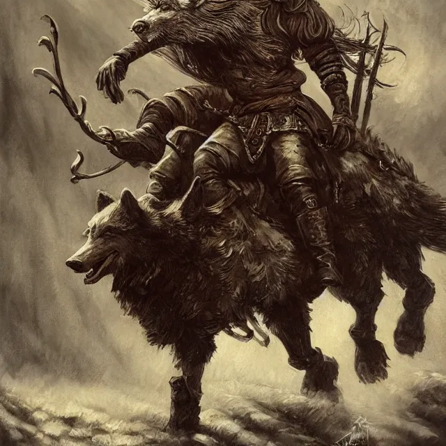 Image similar to young tsarevitch ivan riding on big grey wolf, slavic folk fairytale, story, fable, dramatic, fantasy art, an ultrafine detailed painting, academic art, ornate, inticate, elegant, sharp focus, artstation, by pavel korin, viktor vasnetsov