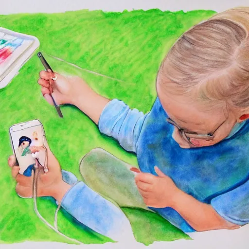 Image similar to 3 year old blonde girl in pigtails looking down at iphone, pencil and watercolor on white by eloise wilkin