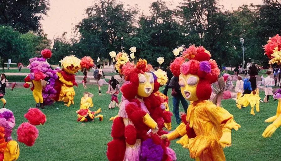 Image similar to 1990s candid photo of a beautiful day at the park, cinematic lighting, cinematic look, golden hour, large personified costumed flower people in the background, Enormous flower people mascots with friendly faces chasing kids, kids talking to flower people that are kinda scary, UHD