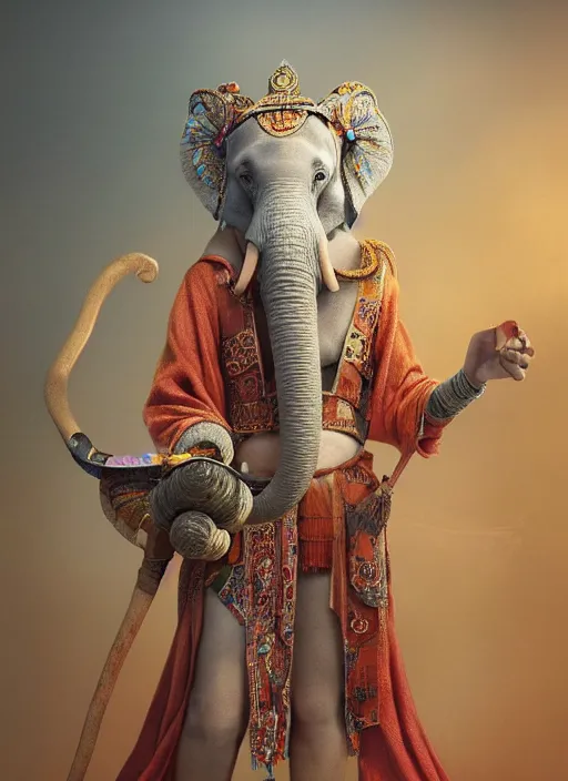 Prompt: an anthropomorphic beautiful goddess female wizard made of elephant portrait holding a staff wearing colourful robe, fine art, award winning, intricate, elegant, sharp focus, octane render, hyperrealistic, cinematic lighting, highly detailed, digital painting, 8 k concept art, art by jamie hewlett and z. w. gu, masterpiece, trending on artstation, 8 k