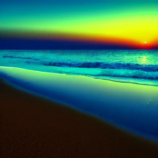 Prompt: blue sunset over green beach, 4k realistic photo