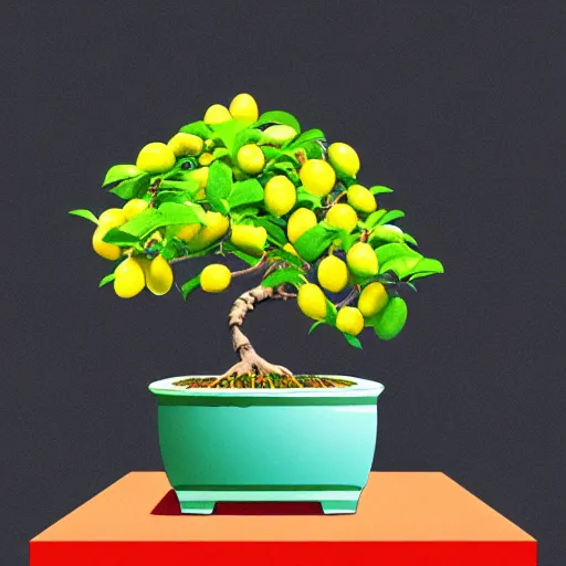 Image similar to bonsai fruit tree with lemons!! but minimalistic concept art by frank stella gilleard james whalen tom, colorful, soft light, trending on artstation, minimalism