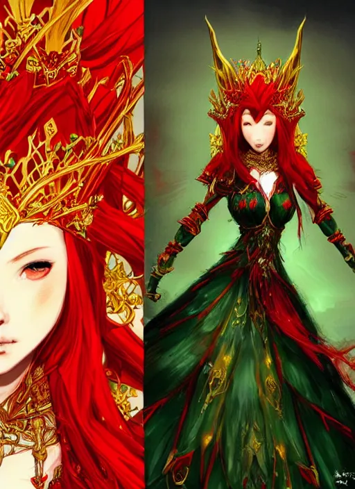 Image similar to Full body portrait of a beautiful red haired elven queen wearing red, green and gold queen dress and elaborate golden crown, bored look. In style of Yoji Shinkawa and Hyung-tae Kim, trending on ArtStation, dark fantasy, great composition, concept art, highly detailed.