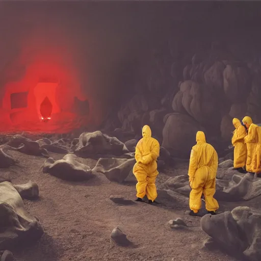 Image similar to wide - shot photo of a group of scientists in hazmat suits, studying a hell open rift portal, by shaun tan, codachrome, hellish, unsettling, otherworldly, smoke, machines, floating rocks, megalophobia, 8 k, hd, highly detailed,