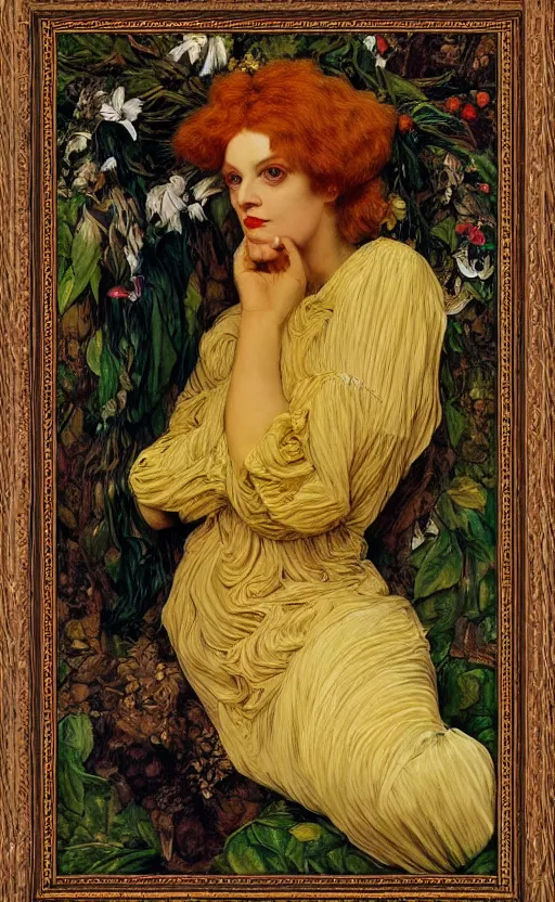 Prompt: preraphaelite full body reclining portrait photography masterpiece hybrid of judy garland and florence welch, brown hair fringe, yellow ochre ornate medieval dress, kilian eng and william holman hunt, frederic leighton, ford madox brown, william morris, framed, 4 k