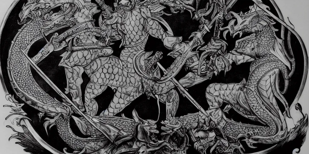 Prompt: A monochrome tattoo depicting a plated knight holding a lance looking toward the horizon toward a three headed dragon, 4k